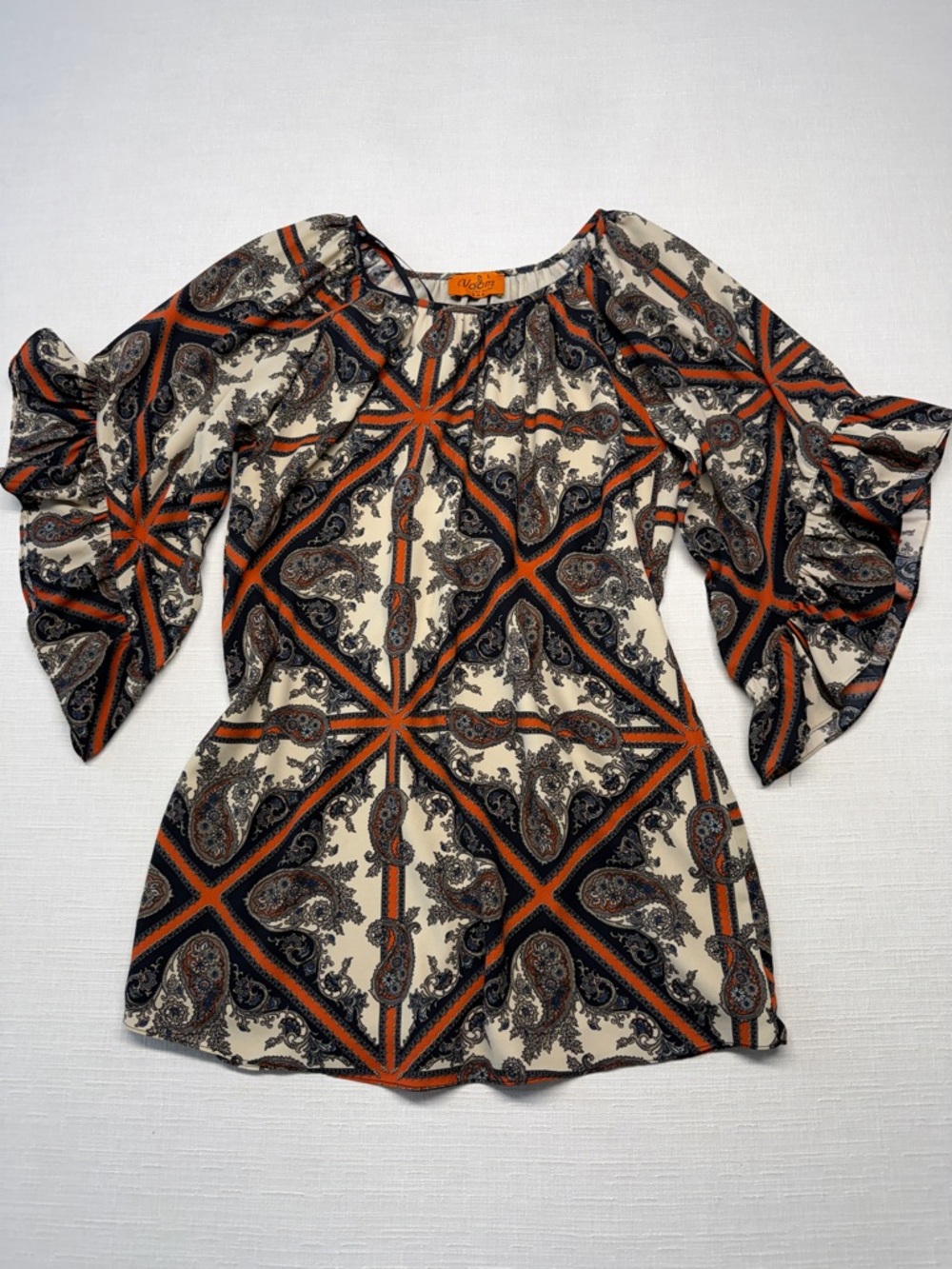 Voom by Joy Han Cream, Rust and Black Paisley Bell-Sleeve Tunic/Dress